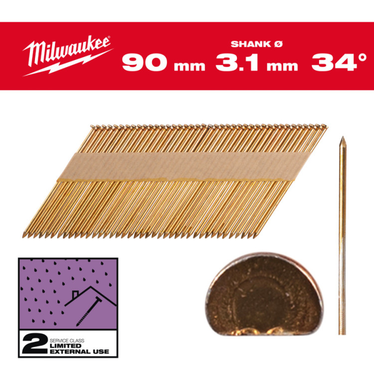 Gwoździe 34st. pierścieniowe fazowane galwanizowane 90mm Milwaukee 2200szt.